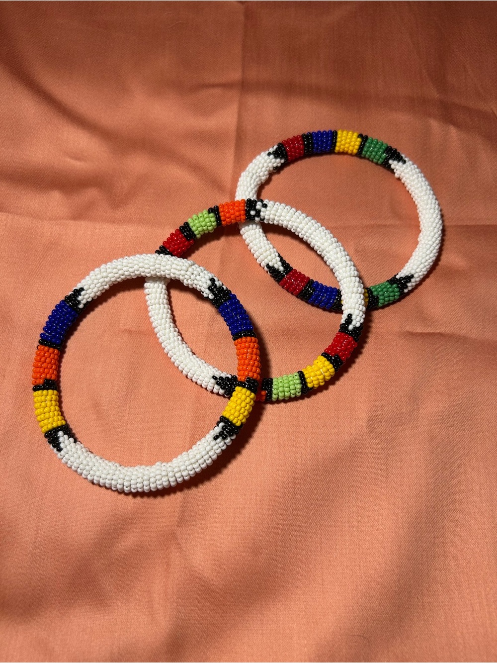 Handmade Beaded Bangle Set in White with Multicolor Accents